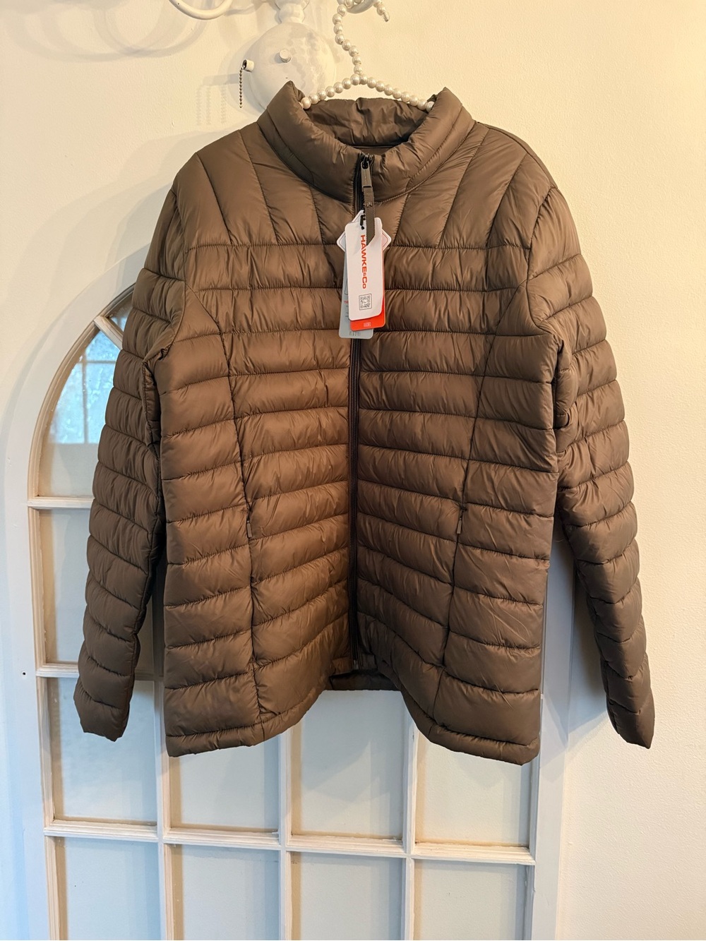Hawke & Co Performance Lightweight Packable Puffer Jacket Taupe Brown XL NWT